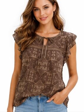 Anthropologie Hiché Boho Embroidered Papillon Flutter Sleeve Blouse Olive L